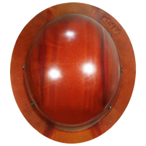 Top view of Kevlar Fiber Full Brim Hard Hat With 6 Point Ratchet Suspension For Construction Safety Jobsite Ready Lightweight Durable Class G Protection OSHA ANSI Rated Men Premium Protective Helmet showing its brown Kevlar fiber construction.