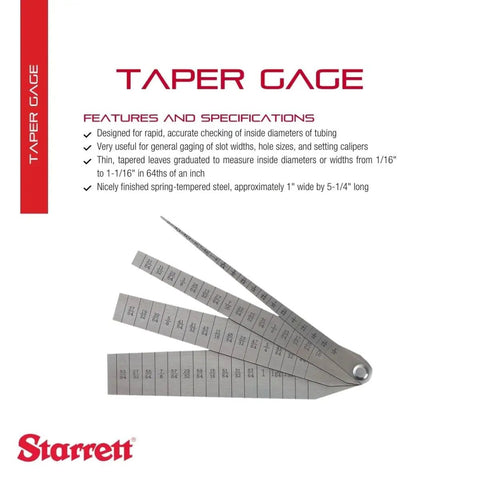 Taper Gauge With Spring Tempered Steel For Fast Hole And Slot Sizing One Sixteenth To One And One Sixteenth Inch Range One Sixty Fourth Inch Graduation Five And A Quarter Inch Length Four Leaves Precision Measurement Tool with specifications