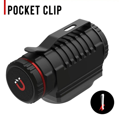 Close-up of pocket clip on 2000 Lumen USB C Rechargeable Headlamp With IP67 Waterproof Rating and magnetic work light feature.