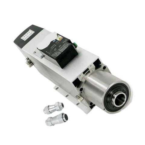 Kickin 7.5 Kilowatt Air Cooled CNC Spindle Motor With BT30 Taper And Automatic Tool Change Magazine Plus Vfd Drive showing spindle unit and connectors.