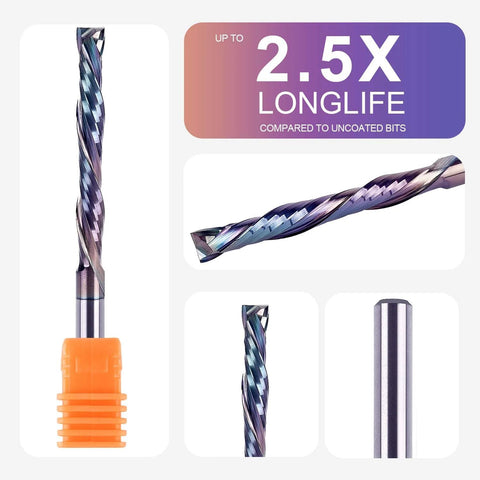 SpeTool 5pc compression spiral router bits collage: front, side, close-up views; 1/8 in shank, carbide, 1 in cut length for wood slotting