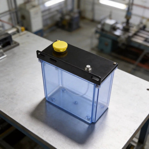 Heavy Duty 3L CNC Lubrication Water Box With Integrated Filter For Lathe Milling Drill Machines on worktable, showing top view.