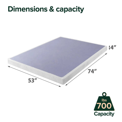 Full Size 4 Inch Low Profile Wood Box Spring Mattress Foundation Rock Solid Sturdy Frame with dimensions of 74 x 53 x 4 inches.