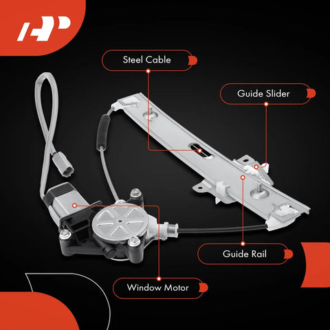 Power Window Regulator With Motor For Ford Escape 2008-2012 Mercury Mariner 2008-2011 Mazda Tribute 2008-2011 Rear Right Passenger Side Easy Install Direct Fit OE Replacement shown with labeled parts like window motor, guide rail, and steel cable.