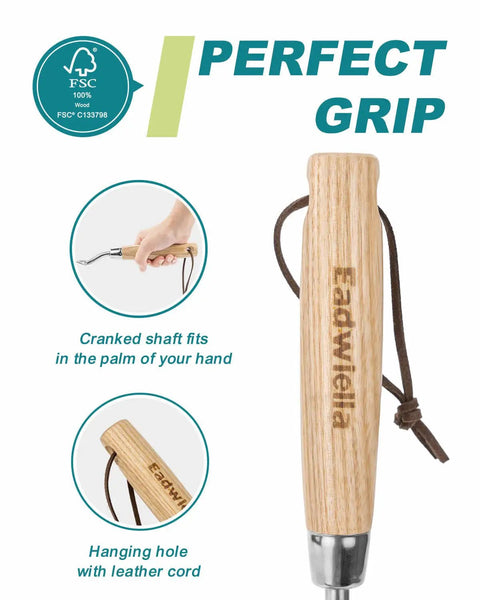 Close-up of 12-inch wood handle of versatile weeding fork hand tool with leather cord for easy gardening and perfect grip