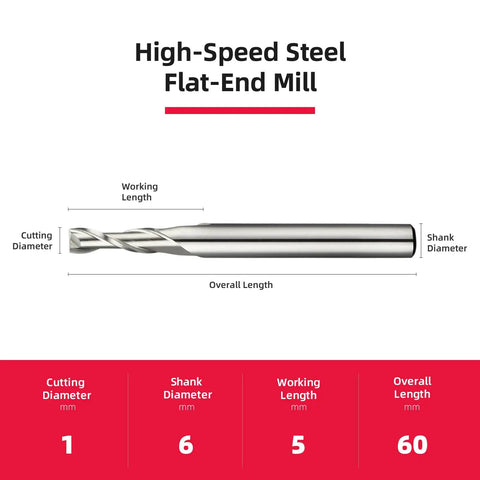 1Mm 2 Flute HSS Straight Shank End Mill Cutter Set Of 2 Center Cutting Slot And Keyway Milling Tools for metalworking with dimensions highlighted