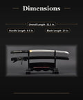 Aluminum Iaido Wakizashi Practice Sword With 21 Inch Blade For Safe Nukitsuke And Noto Drills shown with dimensions