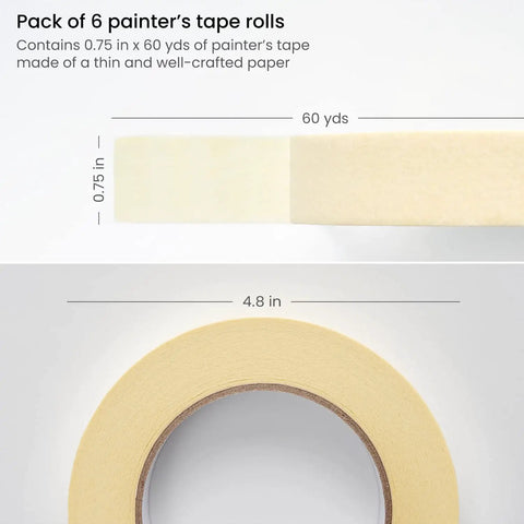 Six Roll Masking Tape Pack 0.75 Inch By 60 Yards Multi Surface Paper Tape For Painting Walls Glass And Sidewalk Chalk Art