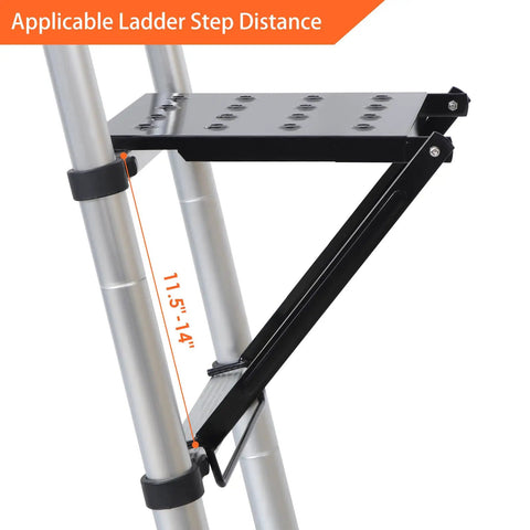 Pro Grade Heavy Duty Ladder Platform With 400 Lb Capacity Anti Slip Standing Surface and Tool Tray on extension ladder angle view