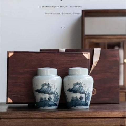 Heavy Duty Retro Ceramic Storage Jars Double Jar Set Must Have Airtight Seal Kitchen Pantry Organizers For Loose Leaf Tea Coffee Beans And Fresh Stash Solid Gift Box in elegant display with wooden gift box.