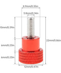 Front view of Six Pack M4 10mm Stainless Steel Knurled Thumb Screws With Red Aluminum Heads for quick tightening and easy grip.