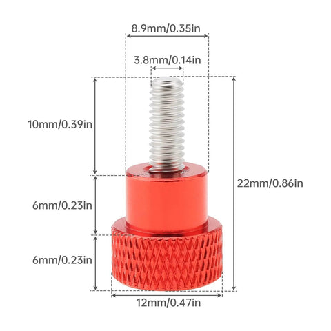 Front view of Six Pack M4 10mm Stainless Steel Knurled Thumb Screws With Red Aluminum Heads for quick tightening and easy grip.