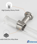 Sleek Clear Acrylic Cabinet Knobs With Brushed Nickel Bases Offer A Two Inch Single Hole Pull For Kitchen Cupboards, Dressers, Closets, And Bathroom Vanities. This Bang For Your Buck Twenty Five Pack Uses Hella Solid Zinc Alloy Backing. Detail of durable zinc alloy base and clear acrylic handle.