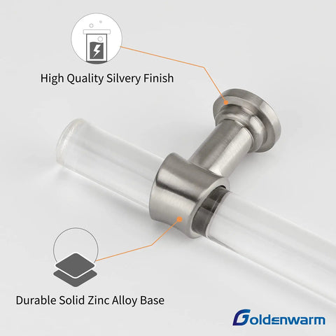 Sleek Clear Acrylic Cabinet Knobs With Brushed Nickel Bases Offer A Two Inch Single Hole Pull For Kitchen Cupboards, Dressers, Closets, And Bathroom Vanities. This Bang For Your Buck Twenty Five Pack Uses Hella Solid Zinc Alloy Backing. Detail of durable zinc alloy base and clear acrylic handle.