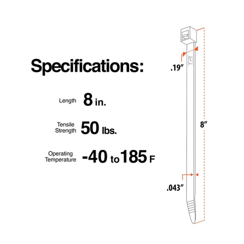 TR Industrial black 8-in cable tie illustration; 0.19 in wide, 50 lb tensile strength, UV resistant.