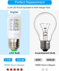 Comparison of E26 LED Refrigerator Bulb 3.5W 40W Equivalent with incandescent bulb, showing lifespan and brightness differences.