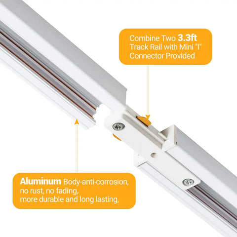Close-up of Six Point Six Foot White H Track Lighting Kit with Floating Canopy Connector showing aluminum body and I connectors.