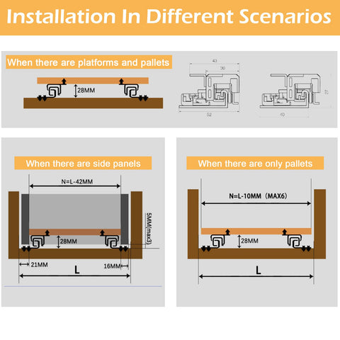 Diagrams showing installation of Premium Pair Undermount Drawer Slides With Full Extension And Soft Close for various cabinet scenarios.