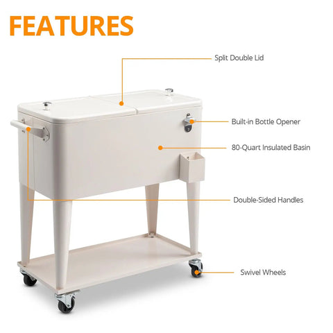80 Quart Rolling Ice Chest Cooler Cart For Patio Parties Party Ready Stand Up Beverage Trolley With Shelf Beige Finish