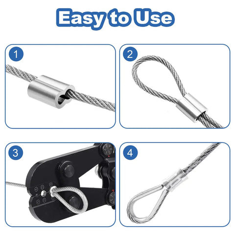 Four-step guide using All In One 1/8 Inch Wire Rope Crimp Sleeve Kit With 100 Aluminum Crimp Sleeves And 50 M3 Stainless Steel Thimbles