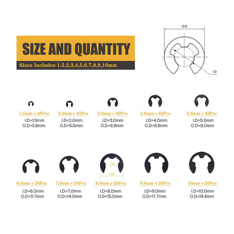 Beefy 300 Piece E Clip Set In Black Alloy Steel External Retaining Rings M1.5 Through M10 sizes, diagram, and specifications