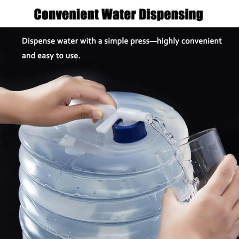 Collapsible Water Jug With Spigot For Camping And Hiking, dispensing water into a glass with a simple press