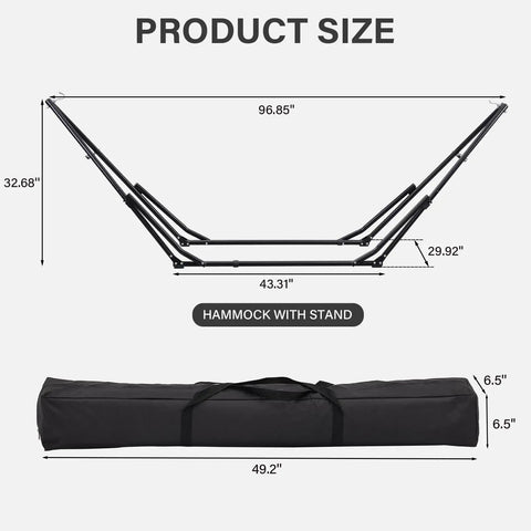 Dimensions of 2 In 1 Hammock With Stand For Outdoors Portable Heavy Duty Steel Frame Supports Up To 480 Lbs Easy Setup In Minutes Black Multi Functional Swing Chair shown.