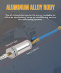 AC Dye And Oil Injector Kit For R134A Cars, 2oz Capacity Aluminum Alloy Body With Snap Quick Coupler in use by AC unit.