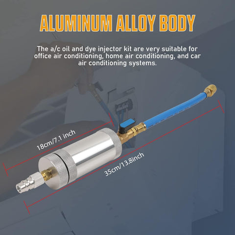 AC Dye And Oil Injector Kit For R134A Cars, 2oz Capacity Aluminum Alloy Body With Snap Quick Coupler in use by AC unit.