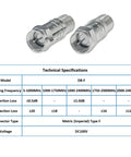 Inline F Type RF Coax DC Block Adapters 75 Ohm Impedance 5 MHz To 2400 MHz Two Pack with technical specifications table