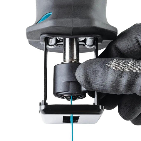Close-up of XRJ08Z 18V LXT Brushless Cordless Compact One-Handed Reciprocating Saw Tool Only blade insertion mechanism
