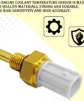 Coolant temperature sensor for Honda; side view showing gold-colored metal threaded shaft and white plastic connector