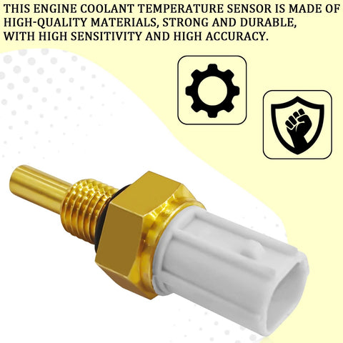 Coolant temperature sensor for Honda; side view showing gold-colored metal threaded shaft and white plastic connector