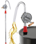 Top Shelf Aluminum Rotary Hand Crank Drum Pump Built Legit For Heavy Duty Oil And Chemical Fluid Transfers With No Fuss Operation And Rock Solid Workshop Durability, showing oil flowing from pump.
