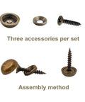 8 Piece Pure Brass Decorative Screws With Matching Caps And Washers, Slick Mirror Fasteners And Upholstery Thumb Tacks, Easy Peasy Wall Art Hardware For Wood Projects, No Sweat Retro Assembly Kit showing three assembly accessories.