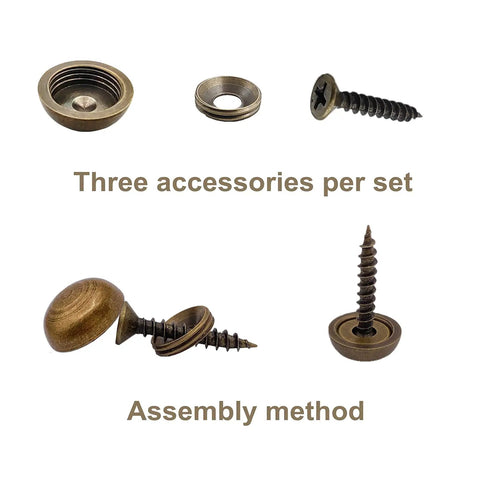 8 Piece Pure Brass Decorative Screws With Matching Caps And Washers, Slick Mirror Fasteners And Upholstery Thumb Tacks, Easy Peasy Wall Art Hardware For Wood Projects, No Sweat Retro Assembly Kit showing three assembly accessories.