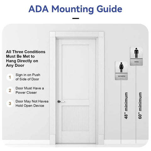 ADA Braille Restroom Sign Set 9 By 6 Inches Self Adhesive Silver Two Pack For Men And Women Bathroom Door Signs High Contrast Graphics Durable Office And Public Restrooms No Fuss Install guide shown on door