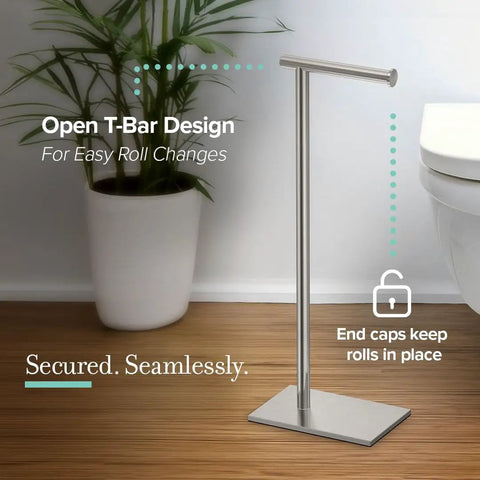 Freestanding Toilet Paper Holder Stand With Weighted Base In Modern Rectangle Chrome Finish beside bathroom plant