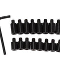 Heavy Duty Four Pack Eight Inch Flat Lathe Jaws Rock Solid Construction With Grade 45 Steel Self Centering Design No Sweat Pin Adjustment And Hex Wrench For Woodturning Shop Jobs, hex wrench and black locking pins shown.