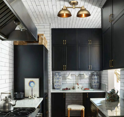 Two Light Semi Flush Mount Ceiling Fixture With Industrial Metal Shade Vintage Inspired Modern Style Lighting in kitchen