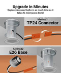 Top Shelf 6 Inch Led Recessed Can Lights showing TP24 connector and E26 base for easy installation and upgrade.