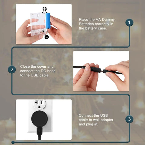 Instructional image showing setup of AA Battery Replacement Power Supply Cable for Continuous 24 Hour Use, Premium Copper Wire Build.