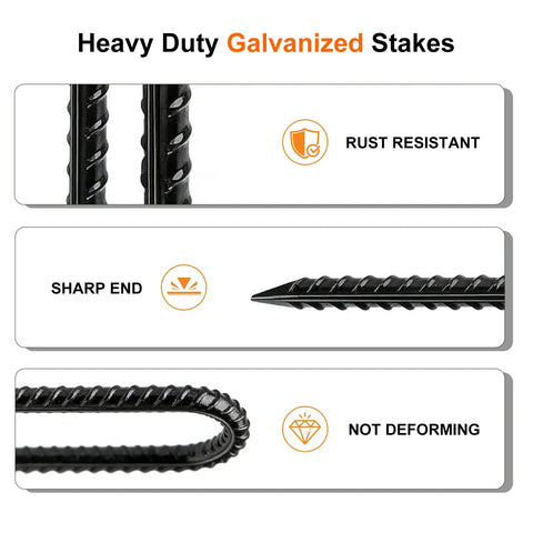 Beefy 8 Inch U Shaped Ground Anchor Stakes, 10 Pack Galvanized Rebar Stakes showing sharp tip and rust-resistant material