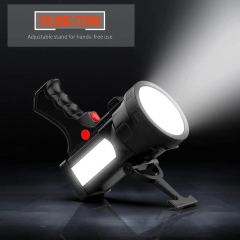 Rechargeable Spotlight With 14400mAh Battery, handheld LED floodlight with folding stand, showing bright beam, black color