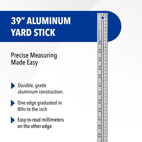 Durable Aluminum Yard And Meter Stick 39 Inch 100 Cm With Metric Conversion Tables And Hang Hole For Home Office Classroom Real Handy For Quick Measurements Graduated In Eighths On One Edge And Millimeters On The Other For Easy Measuring. 39in aluminum yard stick shown with metric and inch scales
