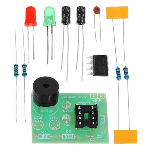 Dope Dual 555 Timer Circuit Kit for Electronics Training and DIY Projects components displayed, including NE555 chip and LEDs.