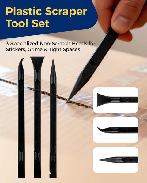 12Pcs Plastic Scraper Tool Set For Crevices And Tight Spaces, Non-Scratch Car Detailing, Label Remover And Peeler, Multipurpose Cleaning Tool For Home Auto Kitchen Office And DIY Projects, 3-head close-up