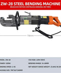 Portable Electric Rebar Cutter And Bender For Steel Bars, ZW-28 machine with power cord and bending tool, compact design.