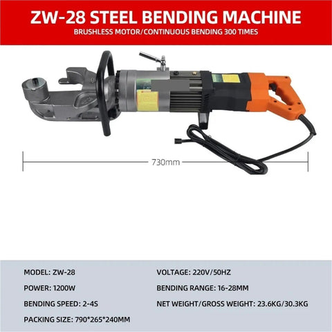 Portable Electric Rebar Cutter And Bender For Steel Bars, ZW-28 machine with power cord and bending tool, compact design.