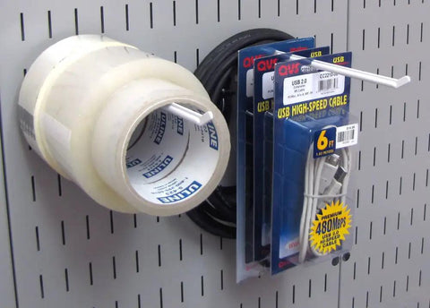 Two-Piece White Metal Pegboard Hook Set With Extended Reach, 9 Inch Length holding tape rolls and cables on pegboard